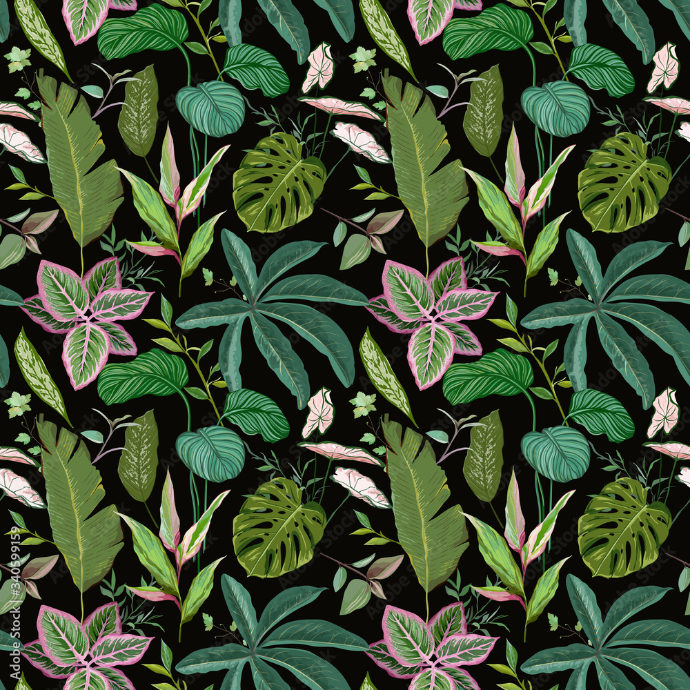 Green Botanical Background with Tropical Leaves and Branches, Seamless ...