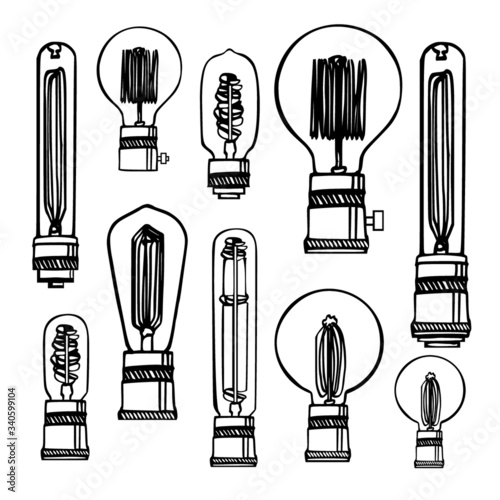 Hand-drawn drawing with different kinds of Edison lamps.Vector set of different geometric loft lamps. Modern sketch. Vintage light bulbs doodle art hanging free hand line style vector.