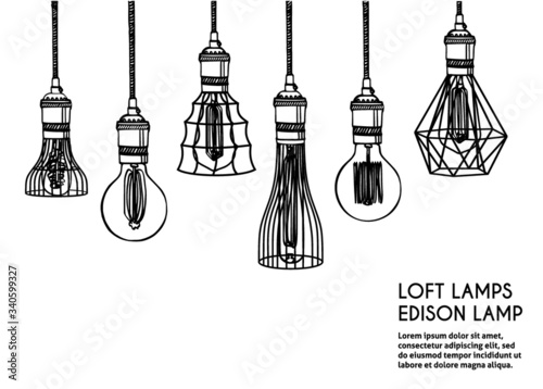 Hand drawn vector set of different geometric loft lamps. Edison lamps and modern chandeliers sketch. Vintage light bulbs doodle art hanging free hand line style vector