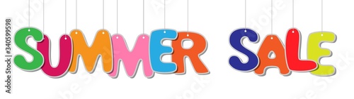 summer sale text, hanging bright colorful letters, creative decorative vector banner isolated on white background
