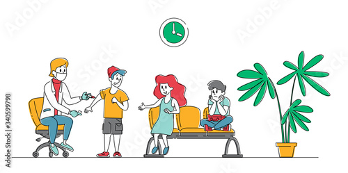 Doctor Character Put Vaccine Injection with Syringe to Kids. Children Get Vaccination from Flu or Influenza Disease. Ill Prevention People Checkup Vaccinate, Healthcare. Linear Vector Illustration