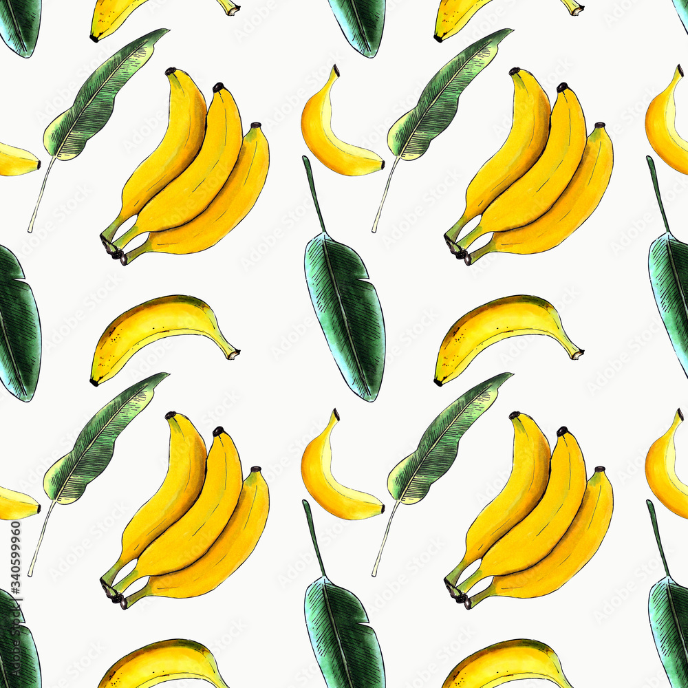 Seamless pattern with banana and leaves on white background Hand draw illustration.