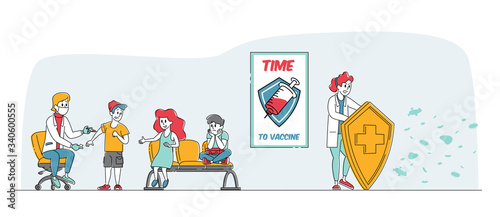 Medical Vaccination Concept. Doctor Character Holding Huge Shield Protecting Nurse Making Vaccine Dose Shot to Kids Protecting from Viruses, Health Immunization. Linear People Vector Illustration