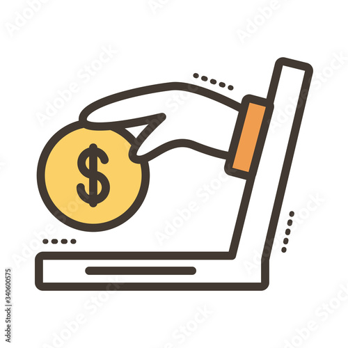 hand with coin dollar in laptop line and fill style