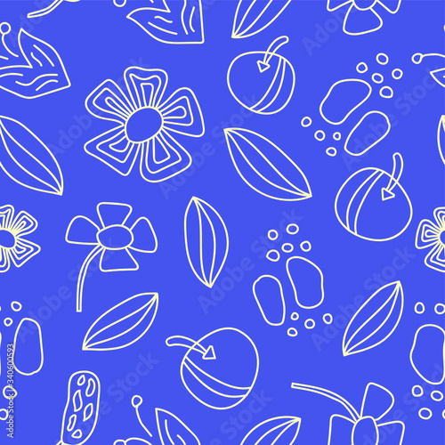 Seamless pattern with leaves, stones, flowers, batterfly, grass. Blue background. Cute and funny. For children textile, scrapbooking, wallpaper and wrapping paper. Spring and summer ornament.