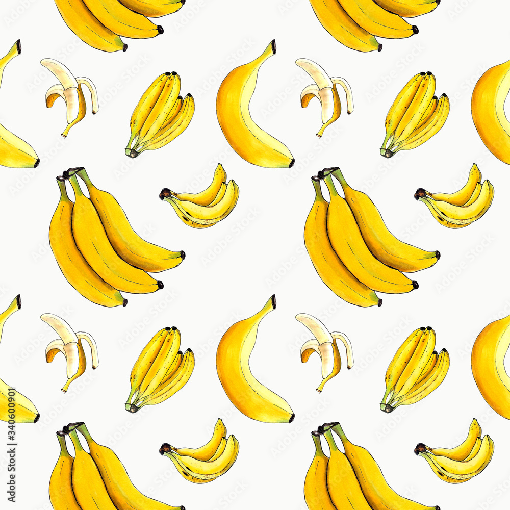 Seamless pattern with bananas on white background Hand drawn illustration.