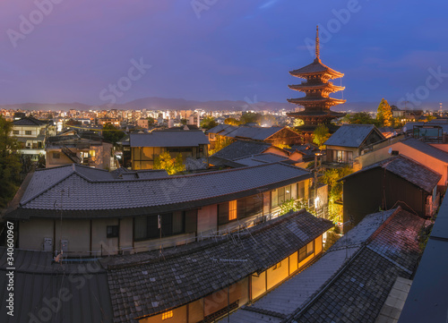 Twilight scene of Yasaka pagoda and Japanese traditional street called Gion. KYOTO, JAPAN