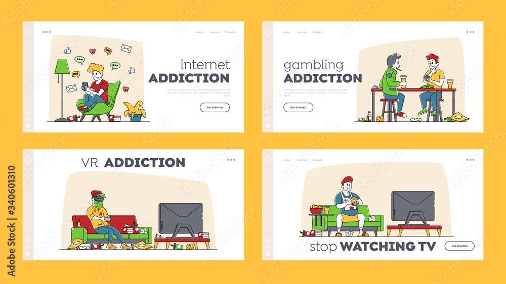 Characters Health Problems, Dependence Landing Page Template Set. Addicted People Overeating, Smoking, Drug and Alcohol, Gadget Addiction, Bad Habits Self Destruction. Linear Vector Illustration