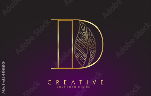 Outline Golden Letter D Logo icon with Wired Leaf Concept Design.