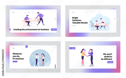 Project Discussion, Dishonest Agreement, Faking Betray Partnership Landing Page Template Set. Business Characters Developing Idea, Wearing Mask for Conversation. Cartoon People Vector Illustration