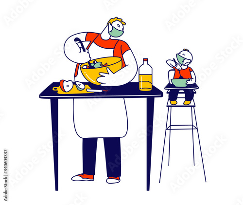 Happy Family Characters Routine. Single Father in Medical Mask Cook Dinner on Kitchen with Baby Son Sit in High Chair. Covid19 Quarantine Sparetime and Home Duties. Linear People Vector Illustration