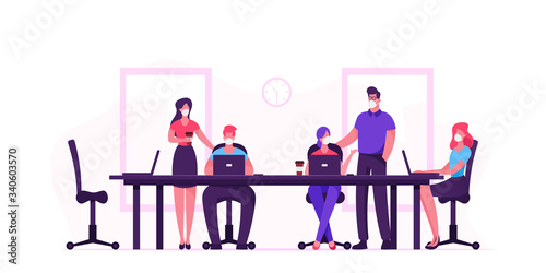 Business People Characters in Medical Masks Sitting at Desk during Board Meeting Discussing Idea in Office during Covid19 Pandemic. Team Project Development, Teamwork. Cartoon Vector Illustration