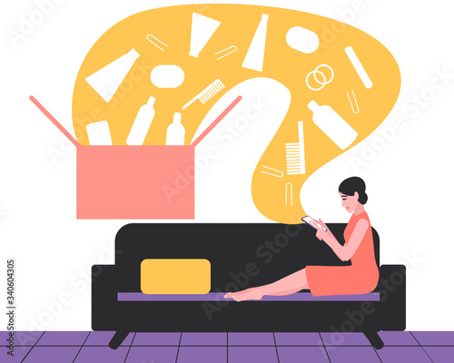 A woman makes an order for cosmetics from a phone in an online store. Online business vector illustration. Marketing concept. Flat vector illustration.