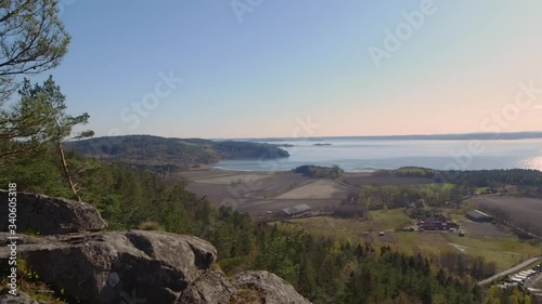 Landscape view from plateau outside Moss in southern Norway, over the Oslo fjord. Panning shot from left to right