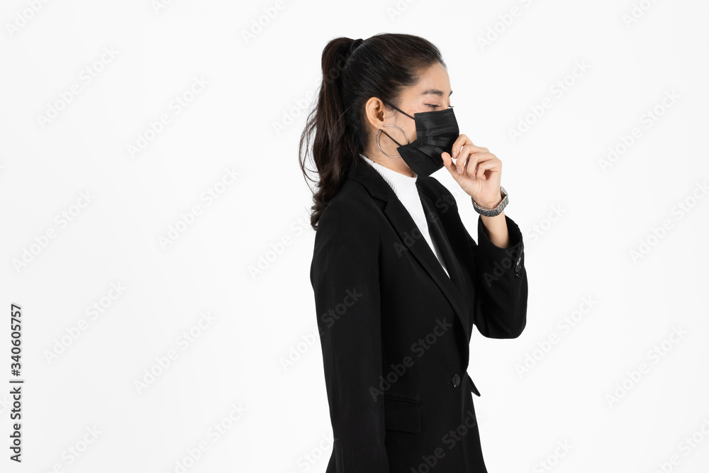 Portrait young Asian business woman in suit wearing face mask on white isolated background. Coronavirus flu virus , Covid 19 , Air pollution pm2.5 concept. Portrait young Asian business woman in suit wearing face mask on white isolated background. Coronavirus flu virus , Covid 19 , Air pollution pm2.5 concept.