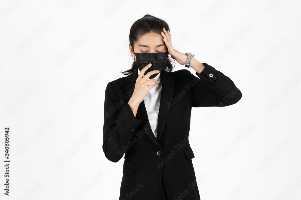 Portrait of frustrated stressed Asian business woman in suit wearing face mask on white isolated background. Coronavirus flu virus , Covid 19 , Air pollution pm2.5 concept. Portrait of frustrated stressed Asian business woman in suit wearing face mask on white isolated background. Coronavirus flu virus , Covid 19 , Air pollution pm2.5 concept.
