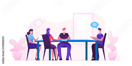 Business Meeting in Office during Covid19 Pandemic. Businesspeople Characters in Medical Masks around Table Planing Start Up Project and Solving Finance Problems. Cartoon People Vector Illustration