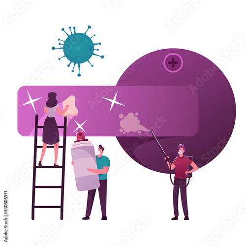 Male and Female Characters Disinfect Room. Man Holding Huge Sprayer with Antibacterial Liquid Disinfectant, Woman Stand on Ladder Cleaning Things, Disinfection. Cartoon People Vector Illustration