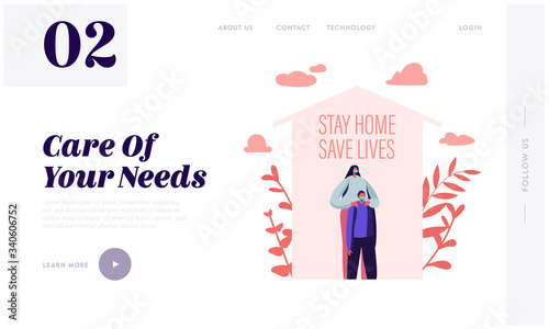 Stay at Home Save Lives Landing Page Template. Mother and Son Characters in Medical Masks Stand under House Roof during Covid19 Pandemic Quarantine Self Isolation Epidemic. Cartoon Vector Illustration
