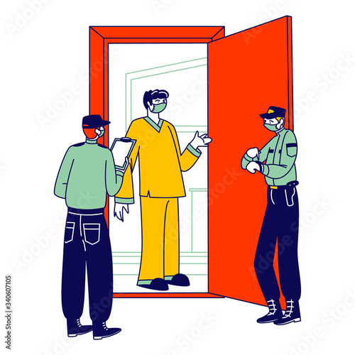 Policemen Characters Check Man at Home during Covid19 Pandemic Quarantine Self Isolation. Quarantined Person in Medical Mask Stand at Home Entrance Speak with Police. Linear People Vector Illustration