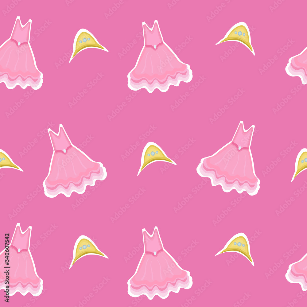 Obraz premium Seamless vector pattern with princess crown and elegant dress. textile or paper. girlish pattern on pink background
