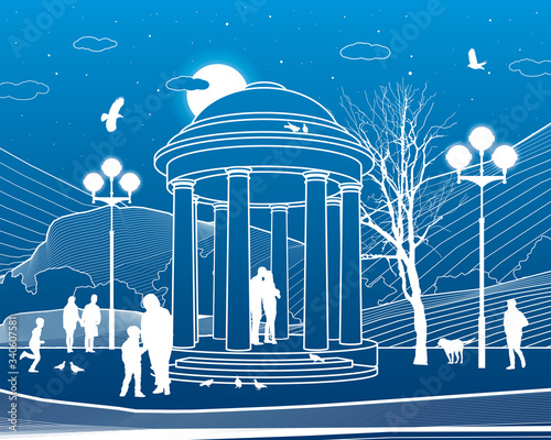 Park infrastructure illustration. Garden house. People walk and relax in nature. Evening city scene. White lines on blue background. Vector design art