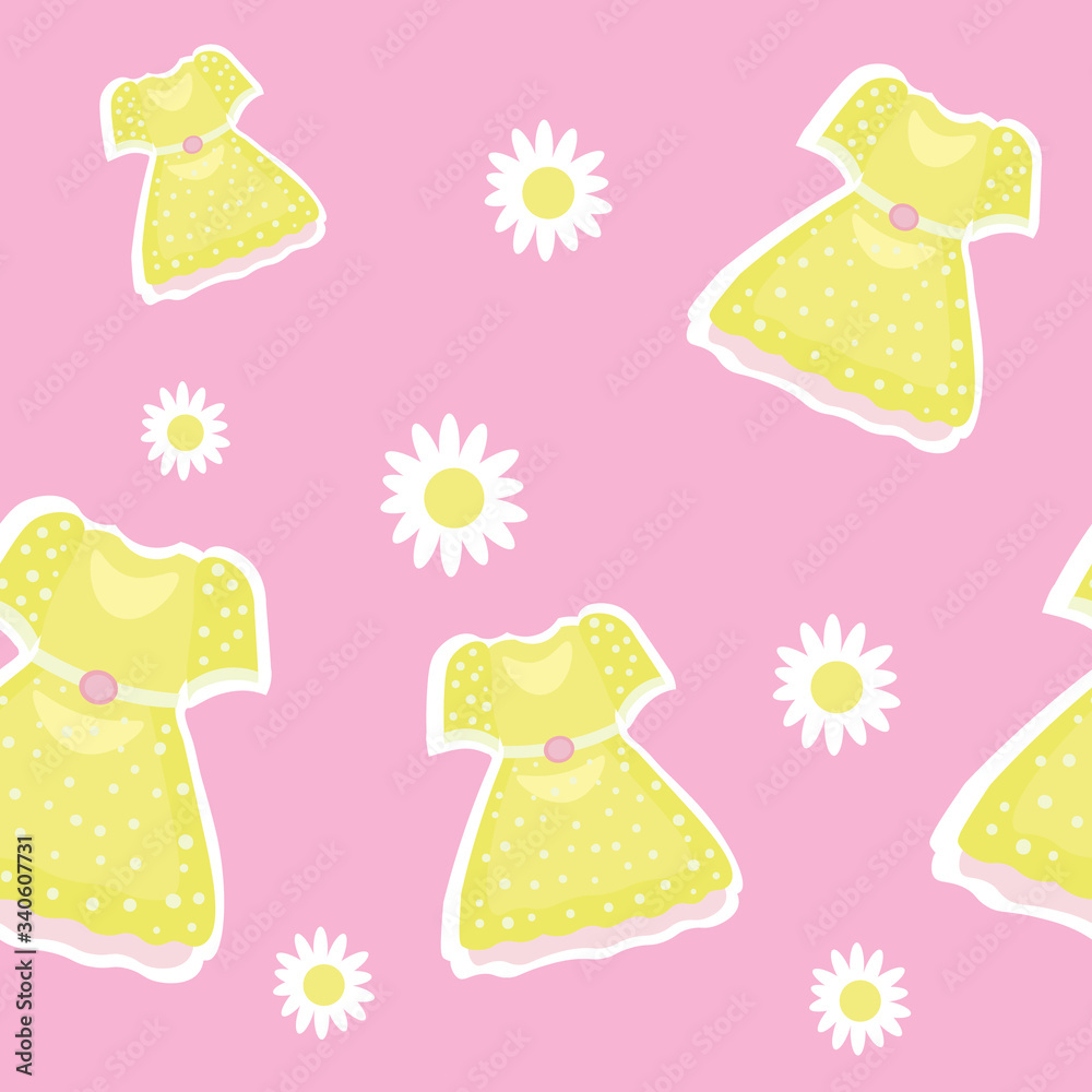 
Seamless vector pattern with yellow dress and flower on a pink background. textile or paper. girlish pattern