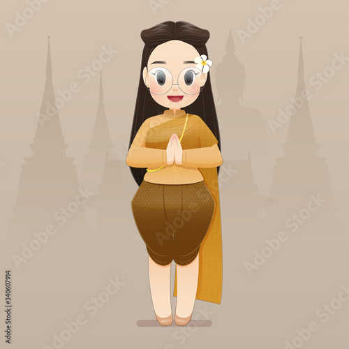 illustration thai women in Thai traditional wear say hello Sawasdee. Hello, Sawadee with Bangkok background. Flat character illustration design.