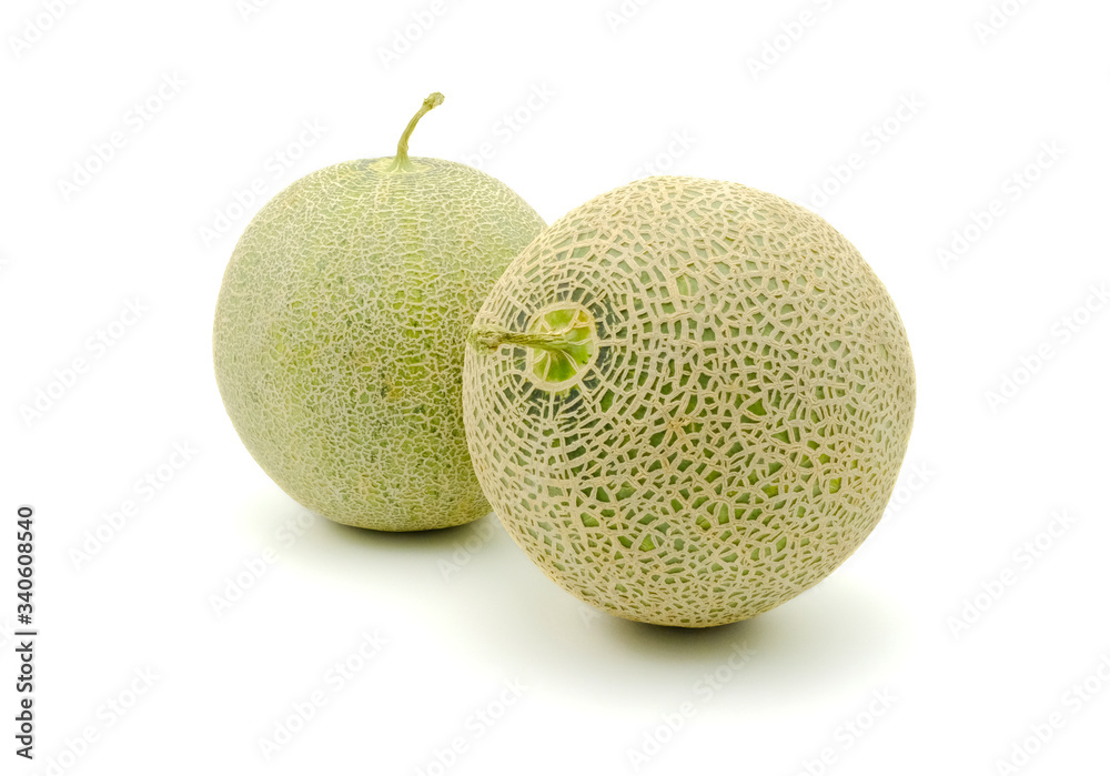 Close up fresh Japanese honey melon cantaloupe with short stalk. Organic fruit for good health and nutrition, ingredient for eat with salad, isolated on white background. Close up fresh Japanese honey melon cantaloupe with short stalk. Organic fruit for good health and nutrition, ingredient for eat with salad, isolated on white background.
