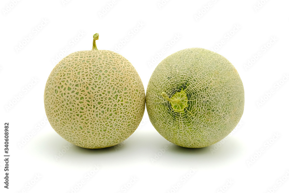 Close up fresh Japanese honey melon cantaloupe with short stalk. Organic fruit for good health and nutrition, ingredient for eat with salad, isolated on white background. Close up fresh Japanese honey melon cantaloupe with short stalk. Organic fruit for good health and nutrition, ingredient for eat with salad, isolated on white background.