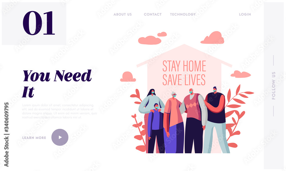 Stay at Home, Self Isolation Landing Page Template. Family Characters Wearing Medical Masks Stand under House Roof. Parents, Grandparents and Kids on Quarantine. Cartoon People Vector Illustration
