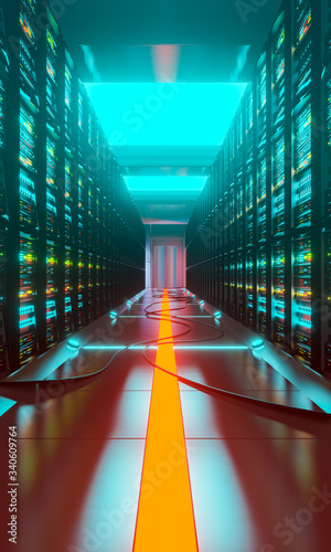 Data center with server racks in a corridor room