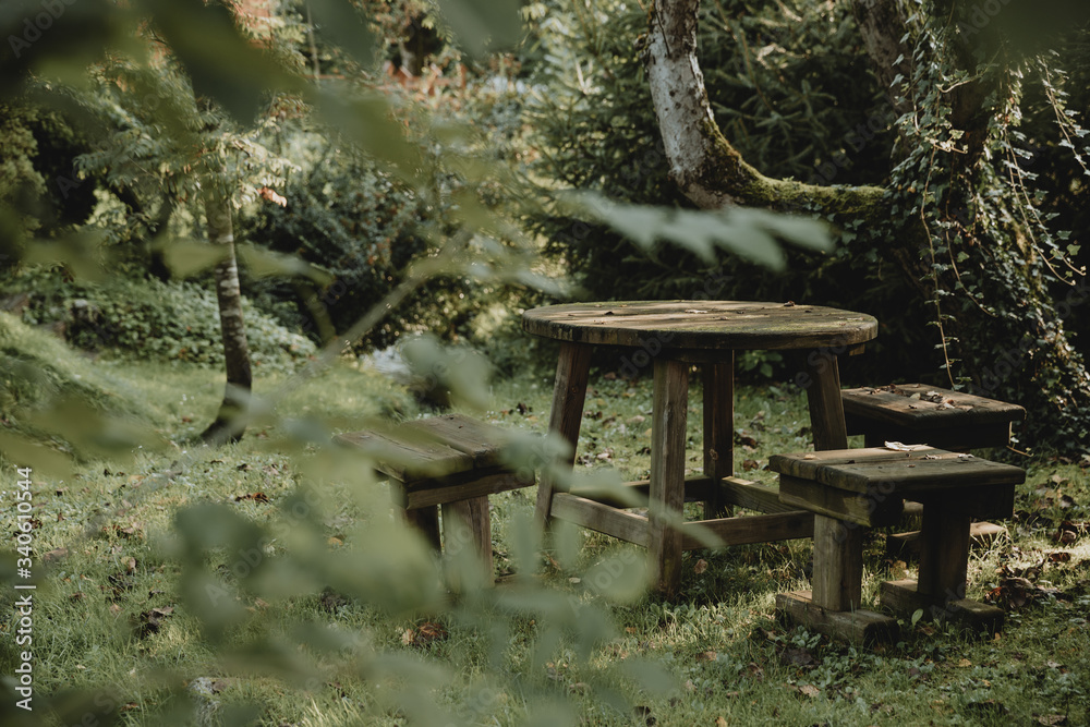 Old wooden garden furniture in the green tranquil garden with the zen atmosphere during the summer morning Old wooden garden furniture in the green tranquil garden with the zen atmosphere during the summer morning