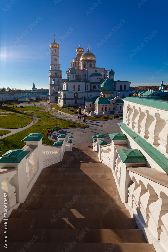 Fototapeta premium New Jerusalem monastery in the city of Istra (Moscow region, Russia). In the foreground is a picturesque stone staircase
