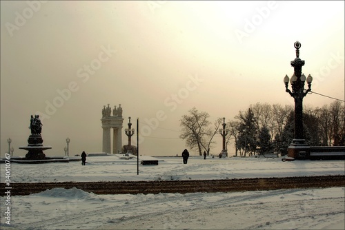 Upper terrace of Volga quay in Volgograd city in winter fog