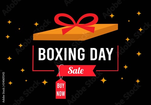 Boxing day sale in box line, red tape with yellow blink and black background