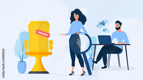 HR banner. Stylish girl with glasses. The girl holds a magnifier in her hands and shows a vacant place. A guy is looking at a resume for a laptop. The concept of finding people for work. Vector