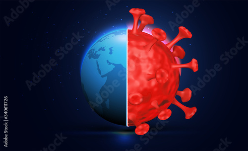 carte ou bandeau de la terre qui est menacée par le coronavirus elle est à moitié recouverte du virus en rouge et bleue, sur un fond en dégradé marine à noir avec des étoiles