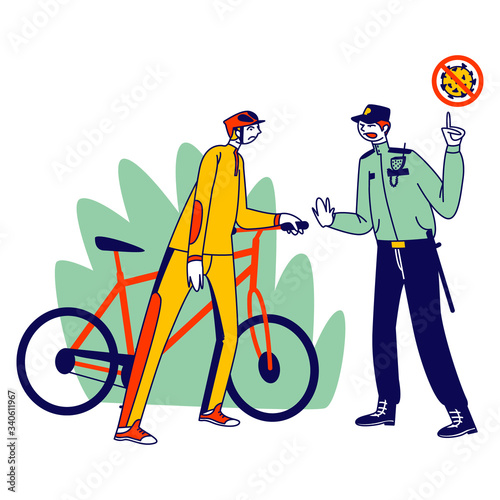 Quarantine Control Concept. Sportsman Character Violate Curfew, Self Isolation Regime, Policeman Warn Bicyclist in Park Checking Digital Pass during Covid19 Pandemic. Linear People Vector Illustration