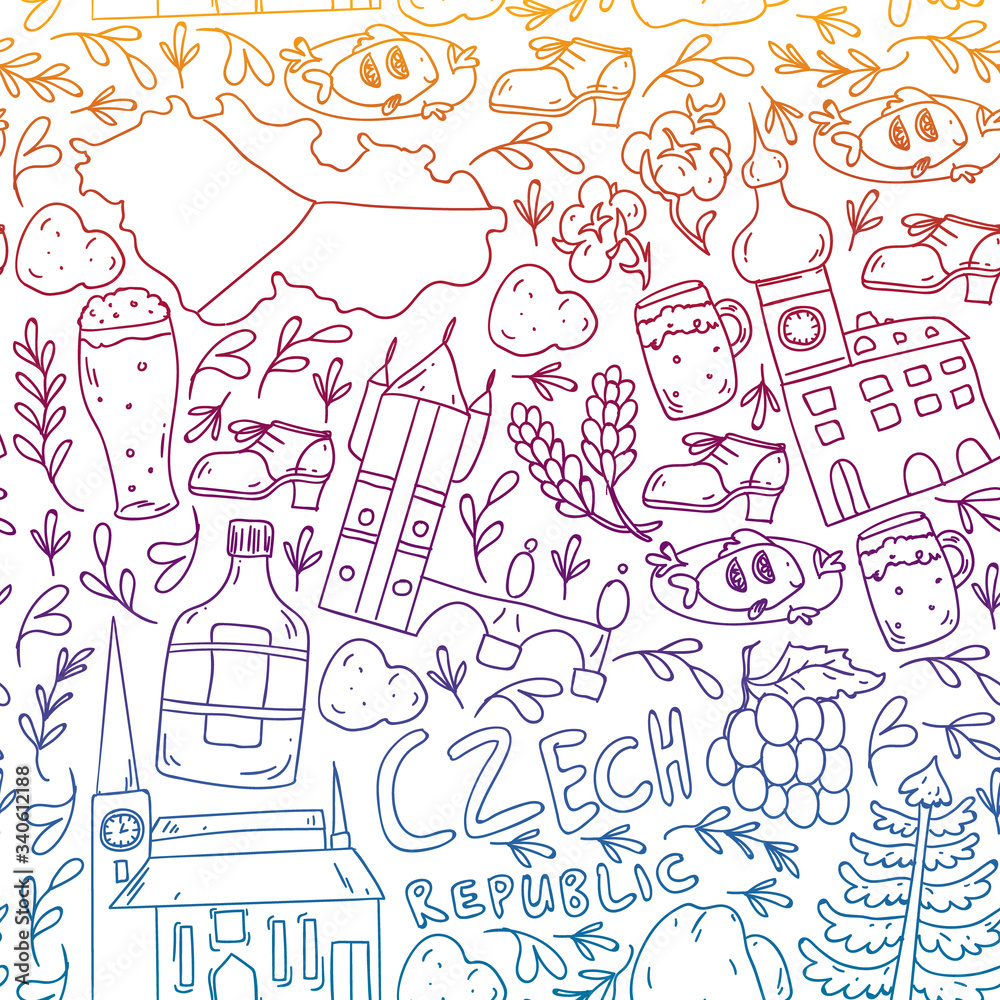 Vector icons and symbols. Czech Republic illustrations for banners, posters, background.