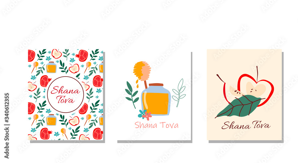 Fototapeta premium Rosh Hashana Greeting Cards with Hebrew New Year Symbols Vector Templates