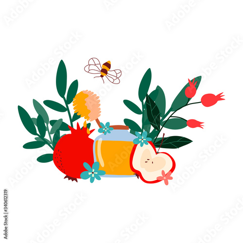 Rosh Hashana or Hebrew New Year Symbols Vector Composition