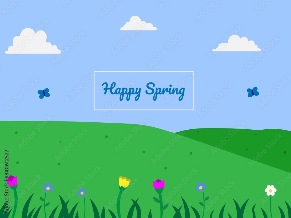 Happy Spring green grass and colorful flower and old blue butterfly with white cloud and blue sky