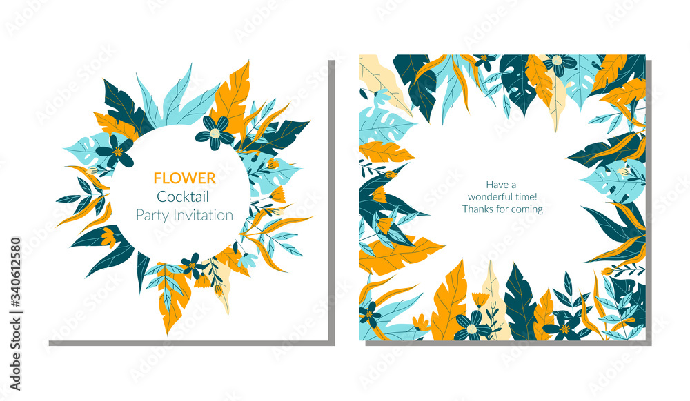 Meadow and Exotic Leafy Branches and Flowers Framed as Invitation Card Vector Design