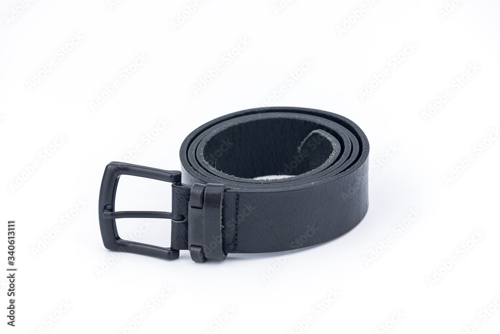Classic Black Mens Leather Belt with a metal buckle on white background Classic Black Mens Leather Belt with a metal buckle on white background