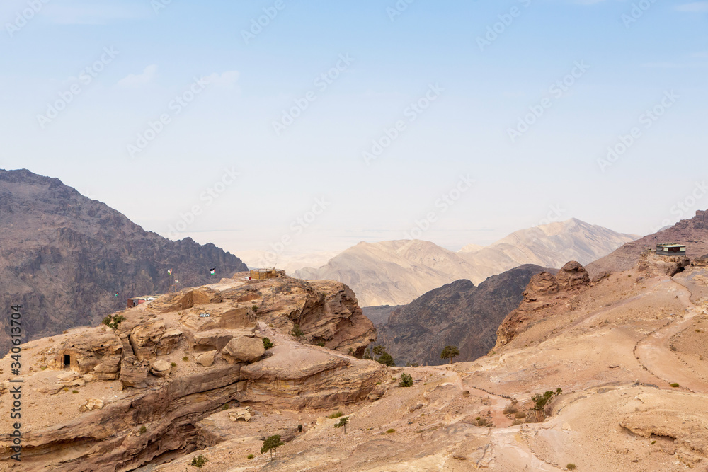 The panoramic view of Petra nature. Jordan landscape. Petra mountain range