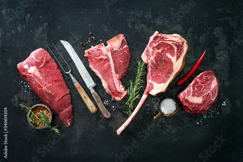 Variety of raw beef meat for grilling photo