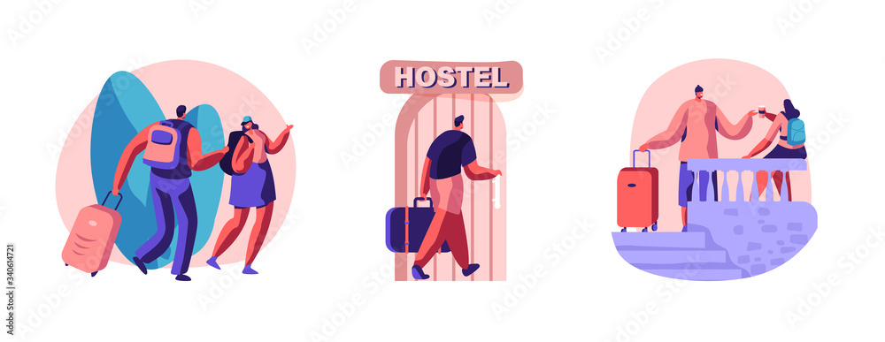 Fototapeta premium Set of Diverse Young People Arriving in Hostel. Male and Female Tourist Characters Move into Motel for Staying at Night, Cheap Accommodation for Students or Travelers. Cartoon Vector Illustration