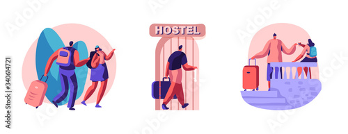 Set of Diverse Young People Arriving in Hostel. Male and Female Tourist Characters Move into Motel for Staying at Night, Cheap Accommodation for Students or Travelers. Cartoon Vector Illustration