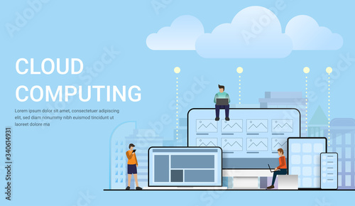 Cloud computing design concept. Moblie phone, computer and laptop with working people